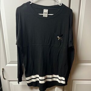 PINK Black Tee, Leopard Sequins, Varsity Style, Small